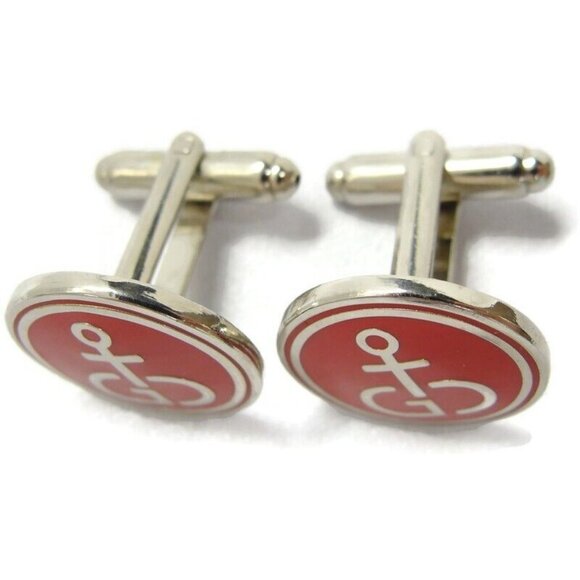 Vintage Gibdock Cufflinks European Ship Repair Company Silver Tone Red Enamel - Picture 4 of 14